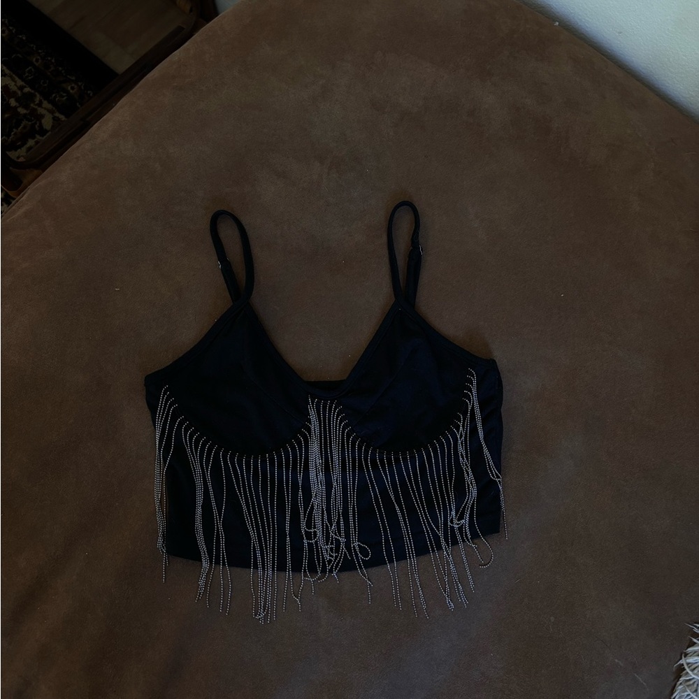 SHEIN Black Crop Camisole with Silver Chain Fringe